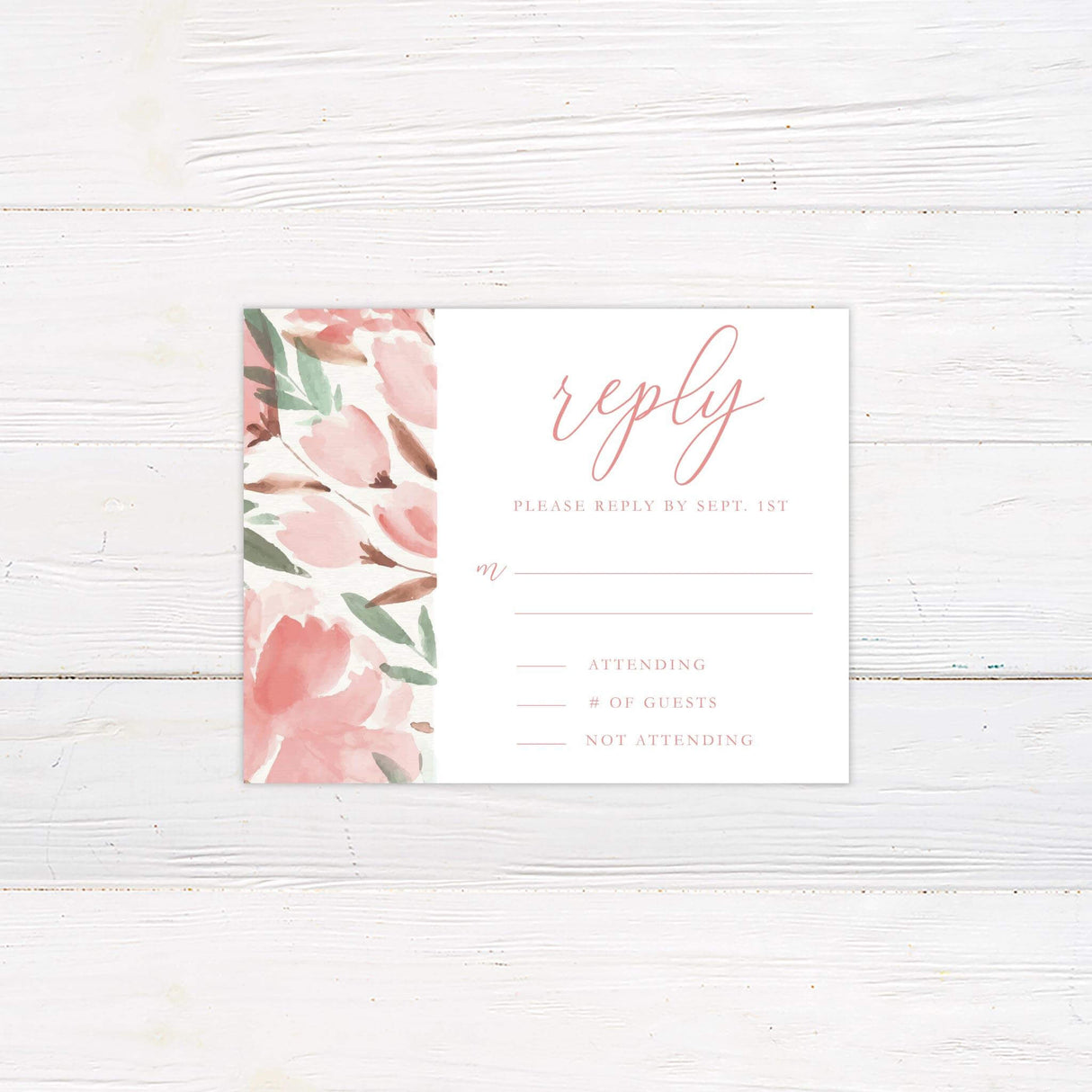 Watercolor wedding RSVP with blush pink florals, green leaves, and romantic script and serif fonts on white background