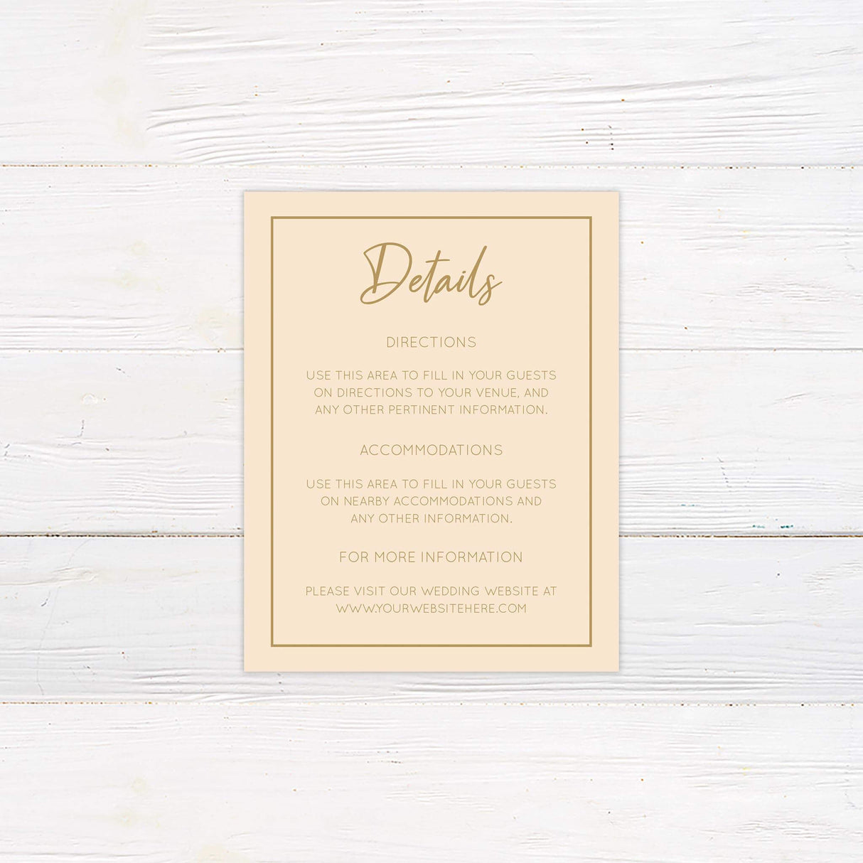 Wedding detail card featuring soft pink roses, greenery accents, and gold serif fonts on white background