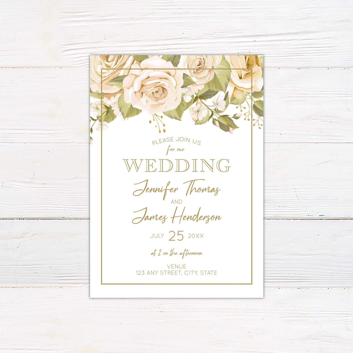 Wedding invitation with muted blush and cream roses, gold serif and script fonts, and green foliage on white background