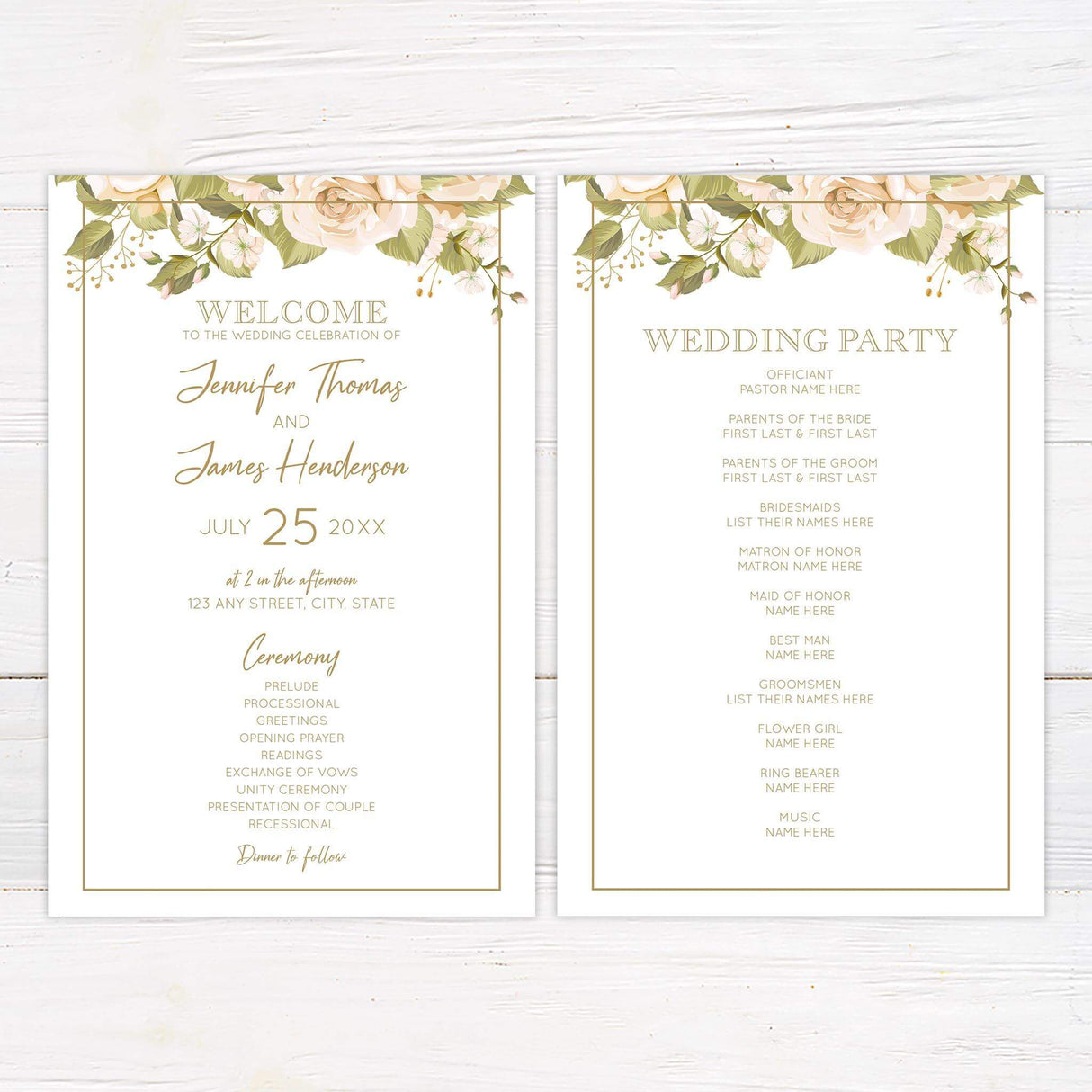 Wedding program with muted rose florals, elegant serif and script text, and gold accent framing