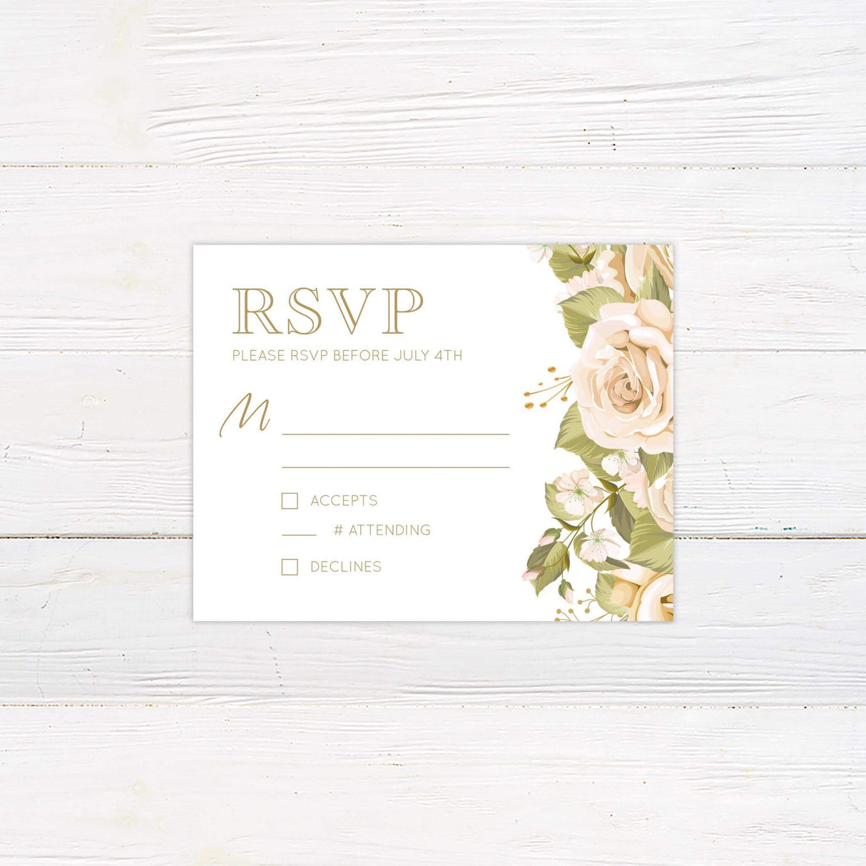 RSVP card with blush and cream watercolor roses, gold serif fonts, and matching romantic floral border