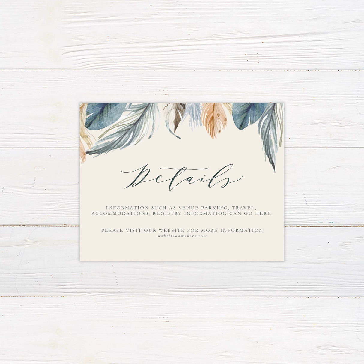 Detail card featuring hand-painted feather accents and elegant type layout, perfect for rustic or boho weddings