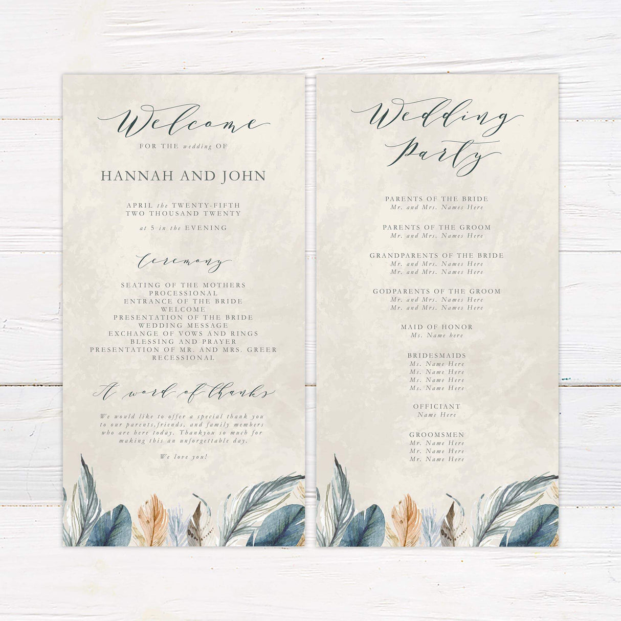 Boho wedding program with feather illustrations in natural tones and mix of script and serif fonts