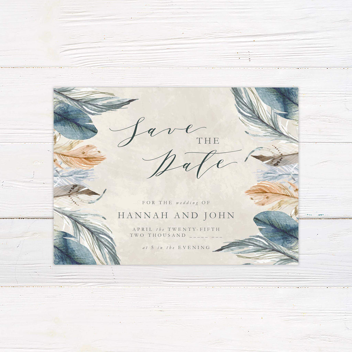 Save the date card with soft watercolor feathers and earthy color palette, ideal for rustic or bohemian wedding themes
