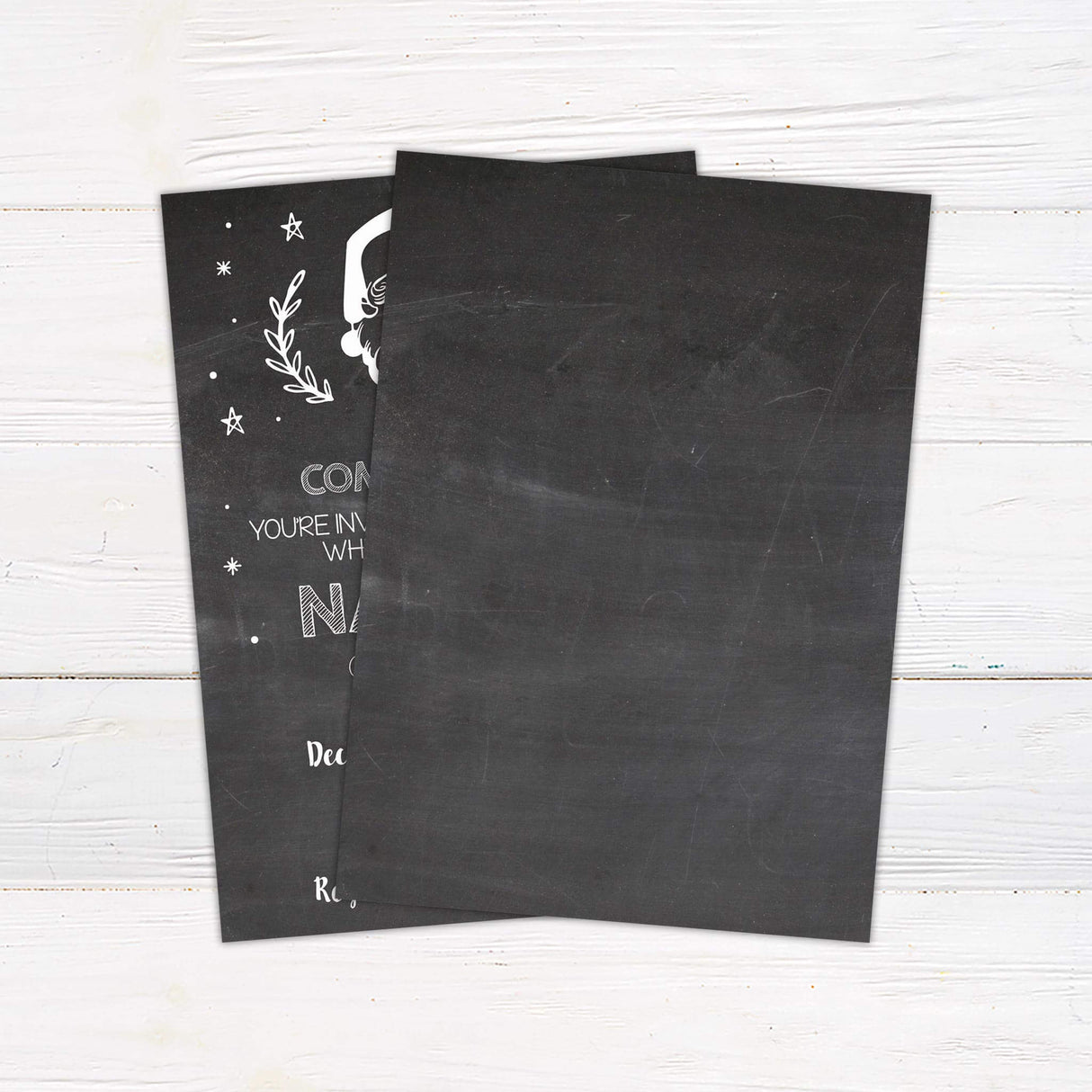 A holiday party invitation with playful festive text and seasonal graphics. The design has a chalkboard style theme with a cheerful holiday message. - back side.