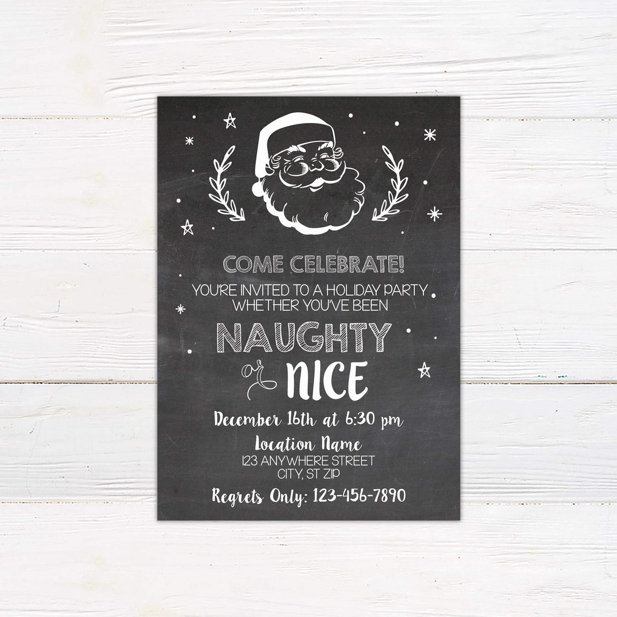 A holiday party invitation with playful festive text and seasonal graphics. The design has a chalkboard style theme with a cheerful holiday message.