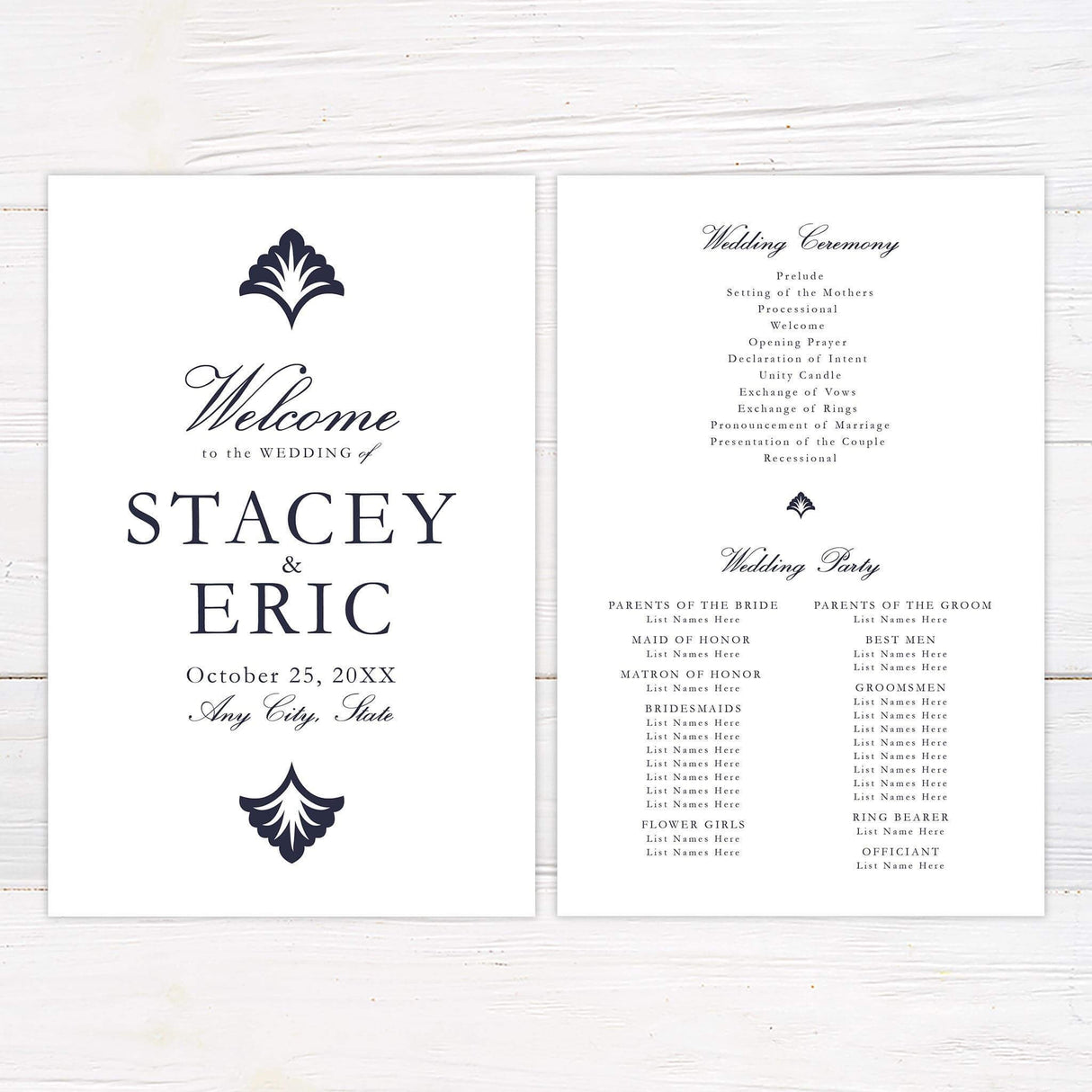 Wedding program with navy vintage pattern, white oval panel, and formal serif typography for traditional weddings