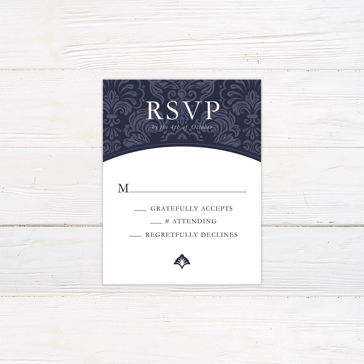 RSVP card with navy damask pattern and elegant serif fonts inside a classic oval frame, matching formal wedding invitation suite
