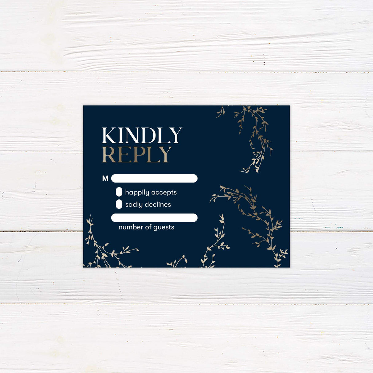 RSVP card with gold botanical branches on a navy background, featuring minimalist serif fonts to match the formal invitation suite