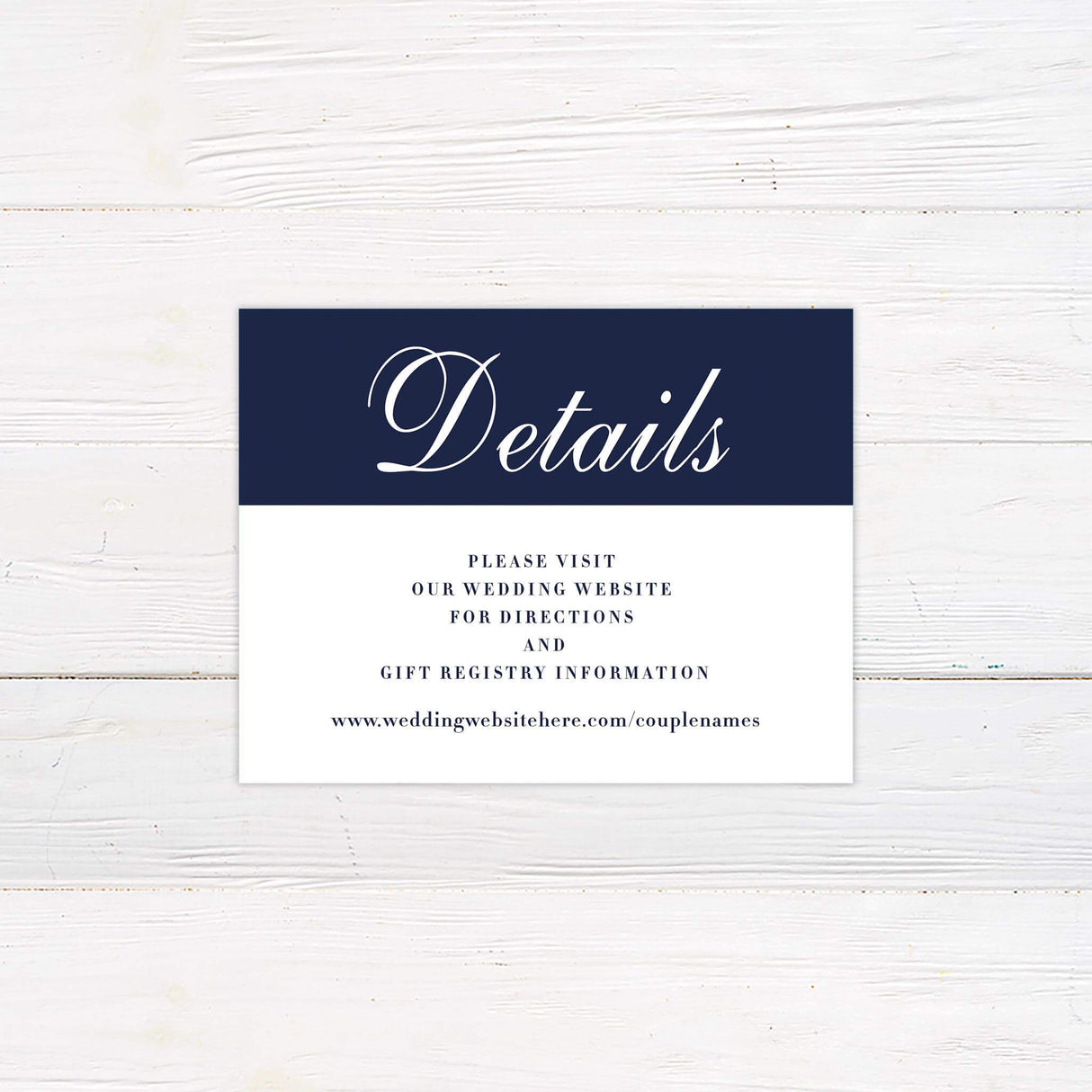 Coordinating navy detail card with classic serif text and damask border design.