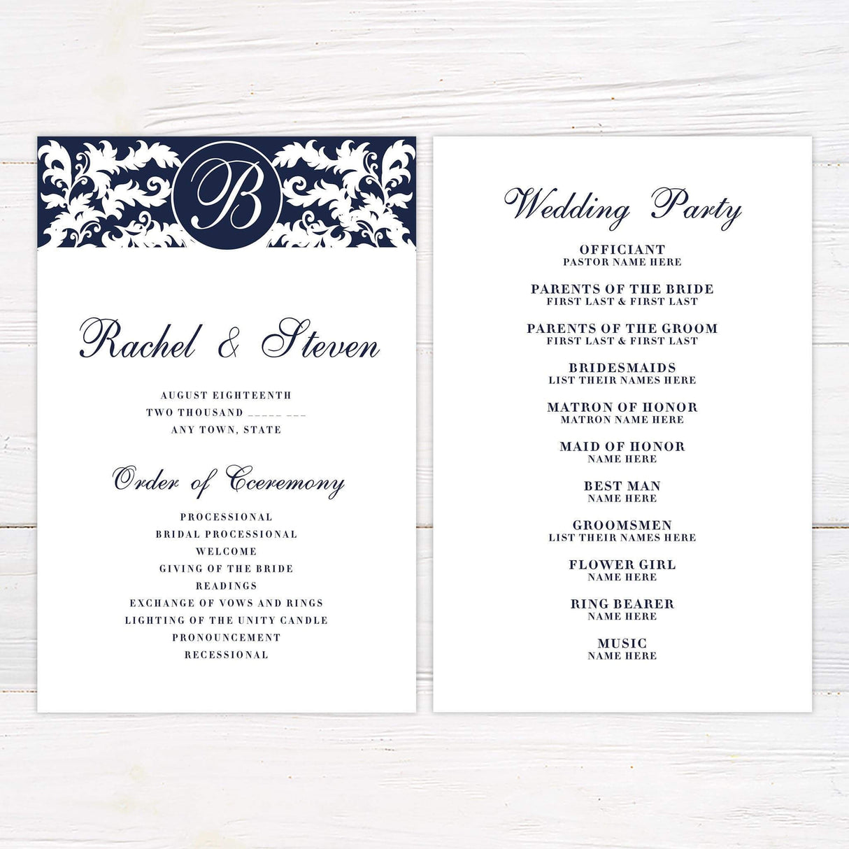 Wedding program featuring matching navy and white damask top border and monogram with formal layout.