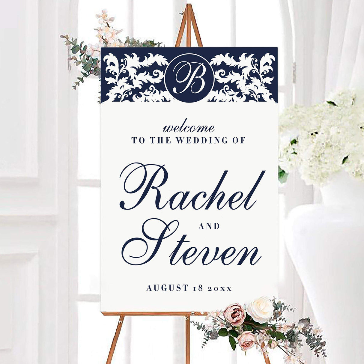 Large wedding welcome sign with navy damask pattern and central monogram, perfect for elegant wedding decor.