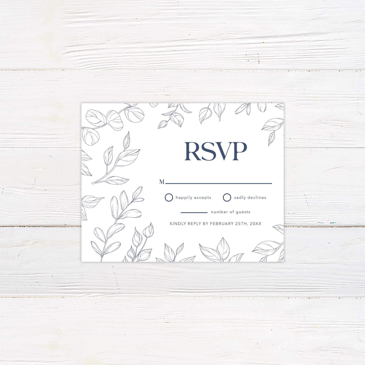 RSVP card with matching navy blue outlined leaves and minimalist serif fonts on a white background.