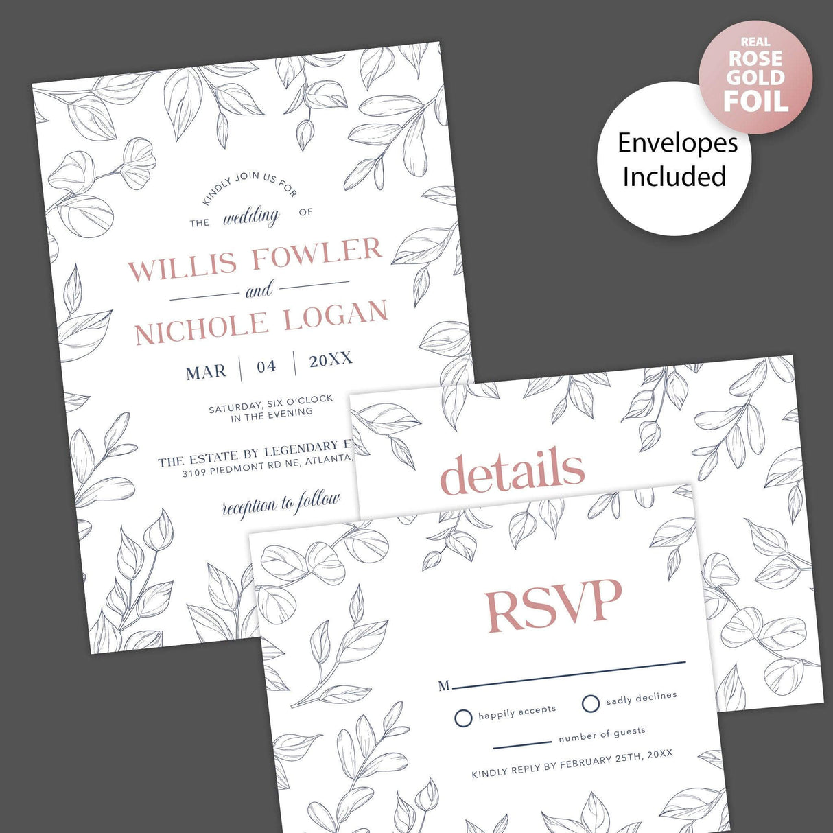 Navy Outlined Leaves Foil Invitation - goprintplus