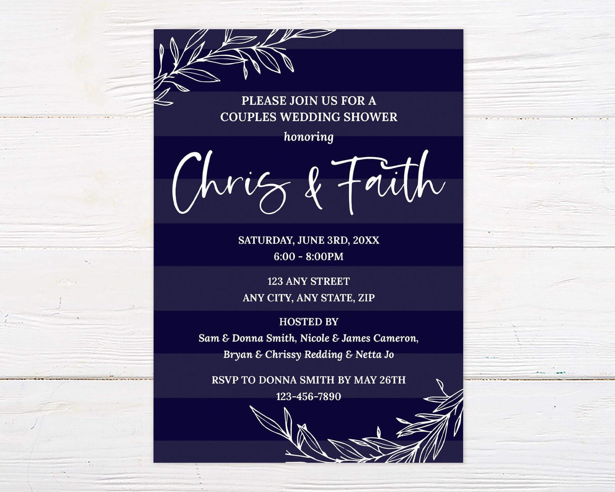 A navy stripes couples wedding shower invitation with white text and leaf accents. The design has a modern and elegant layout.