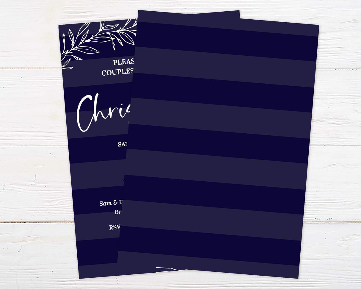 A navy stripes couples wedding shower invitation with white text and leaf accents. The design has a modern and elegant layout. - back.