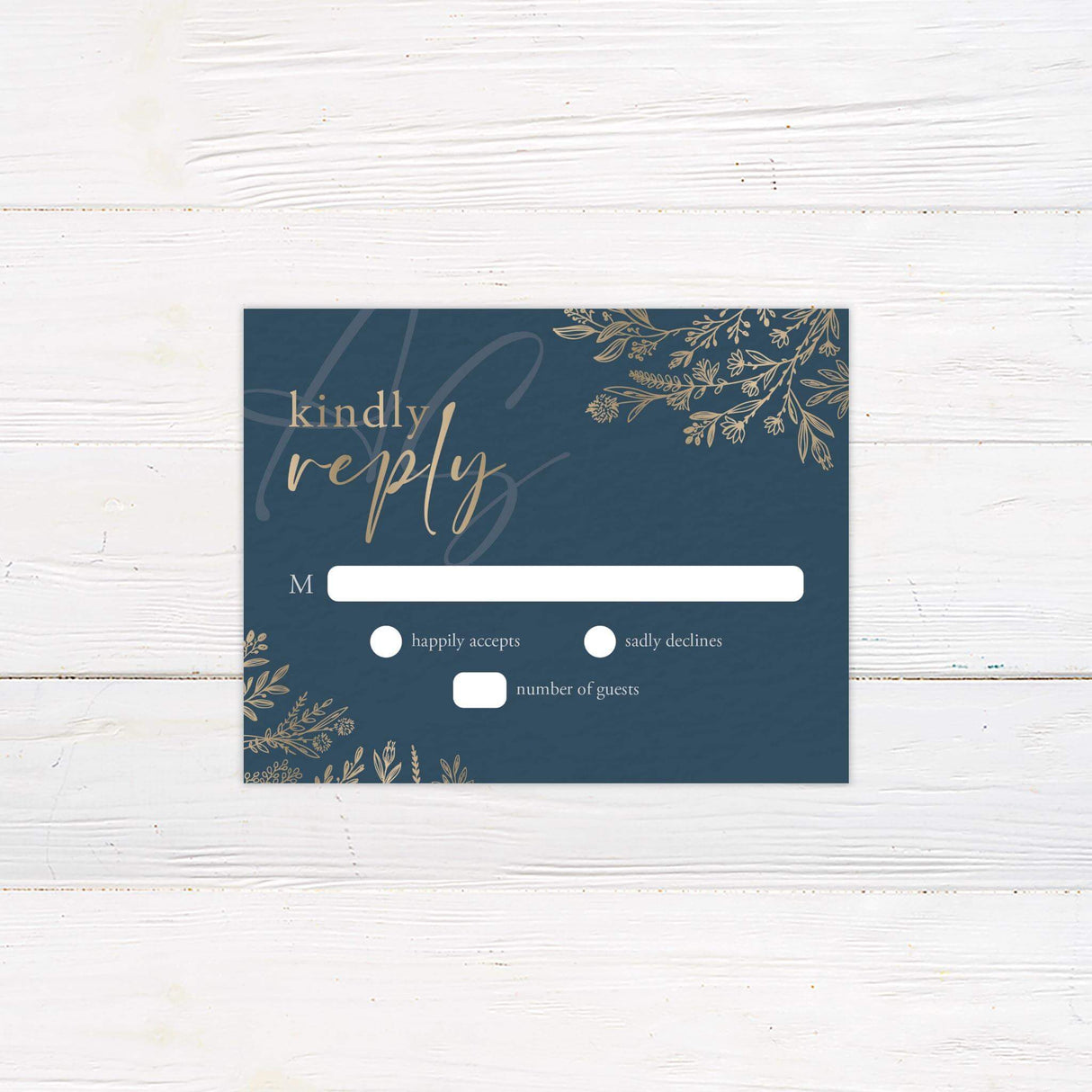RSVP card with gold floral corners, navy background, and elegant serif and script fonts to match formal wedding invitation suite