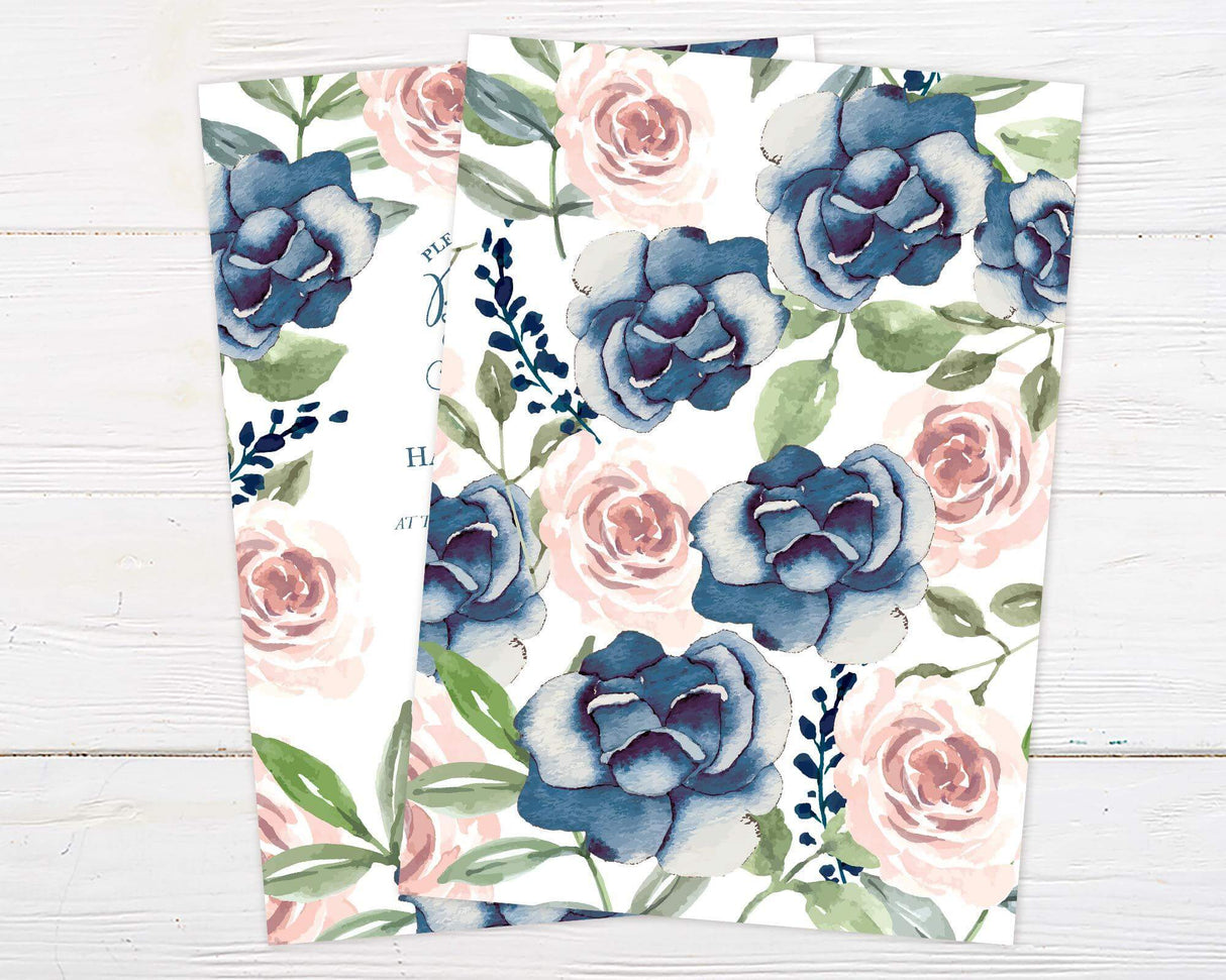 A navy and pink roses bridal shower invitation with navy and blush watercolor roses. The design features soft flowers surrounding elegant text. - back.