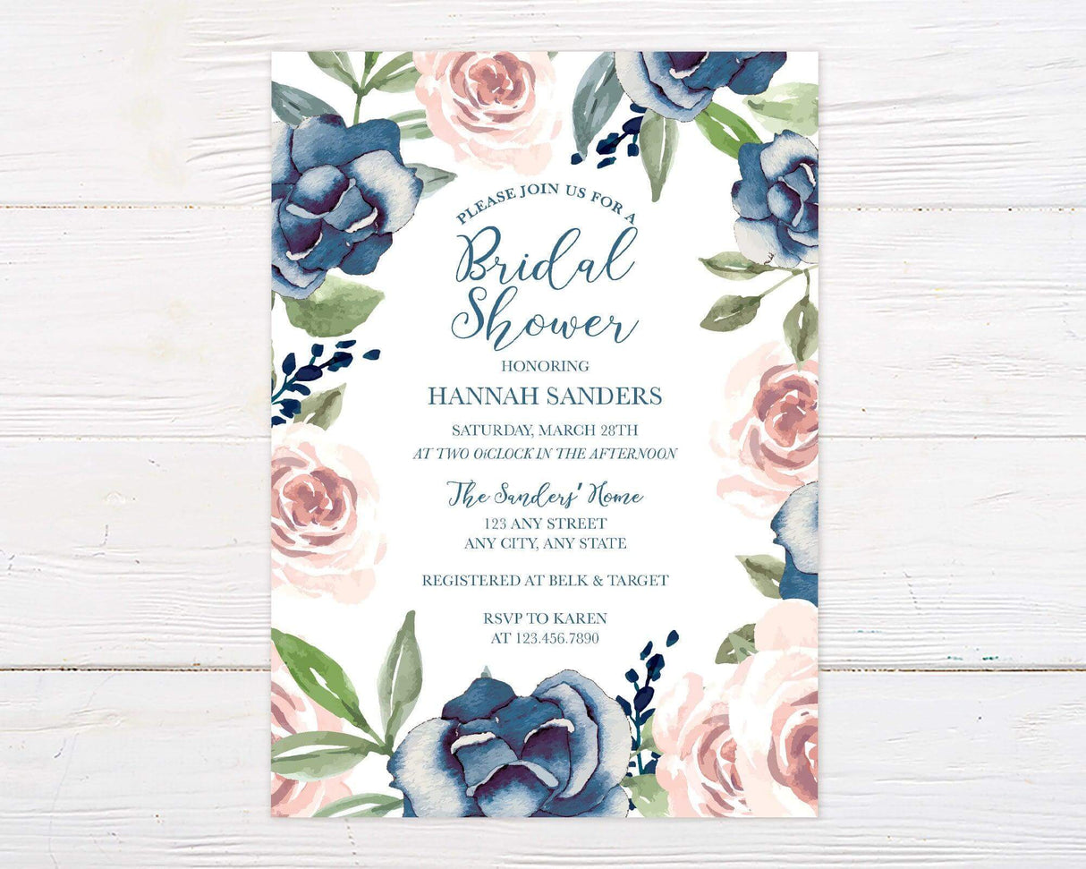 A navy and pink roses bridal shower invitation with navy and blush watercolor roses. The design features soft flowers surrounding elegant text.