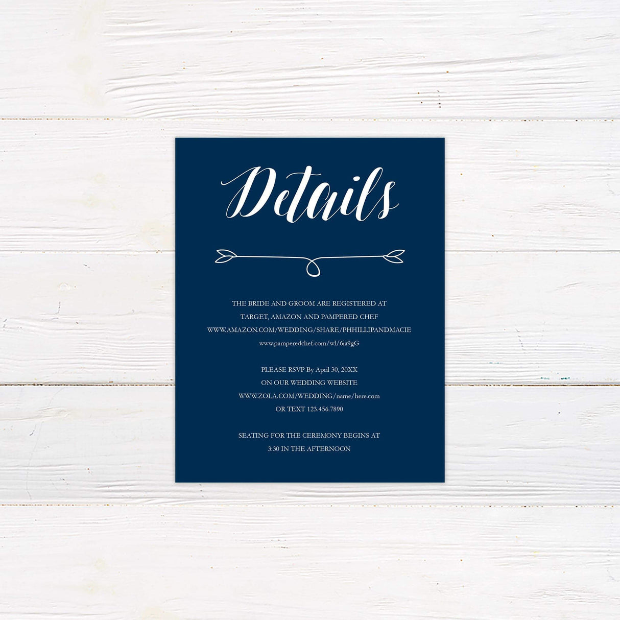 Wedding detail card in navy and white with modern font layout, perfect for traditional or nautical wedding themes