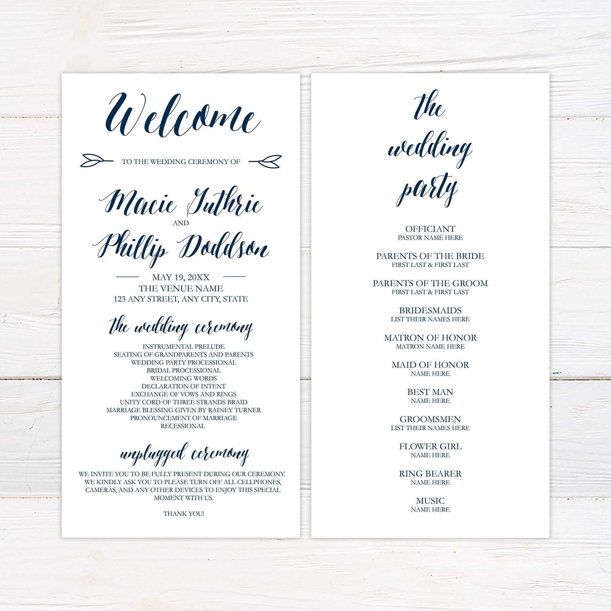 Wedding program with elegant navy calligraphy on white background, matching the navy and white invitation design