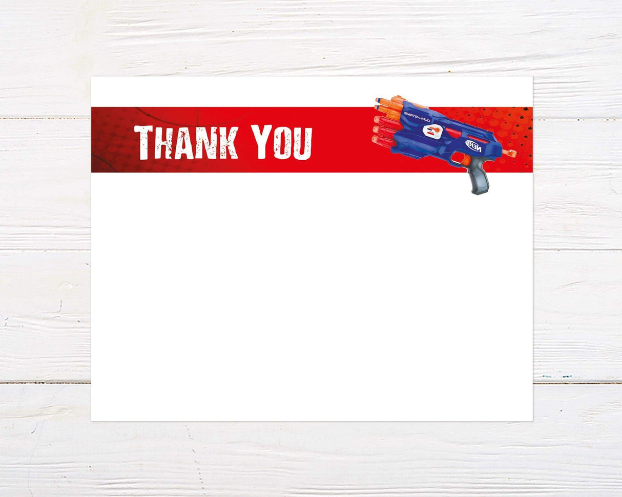 A playful thank you card with a bright red top border featuring a toy dart blaster and bold white distressed text. The rest of the design is blank and customizable, ideal for kids’ parties or themed celebrations.