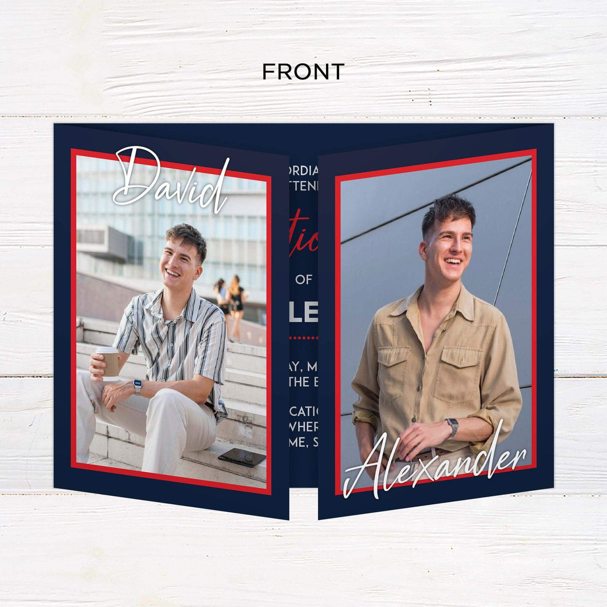Custom gatefold graduation invitation with six photos, customizable colors, and a modern, stylish design. Personalized folded grad announcement. Front blue red