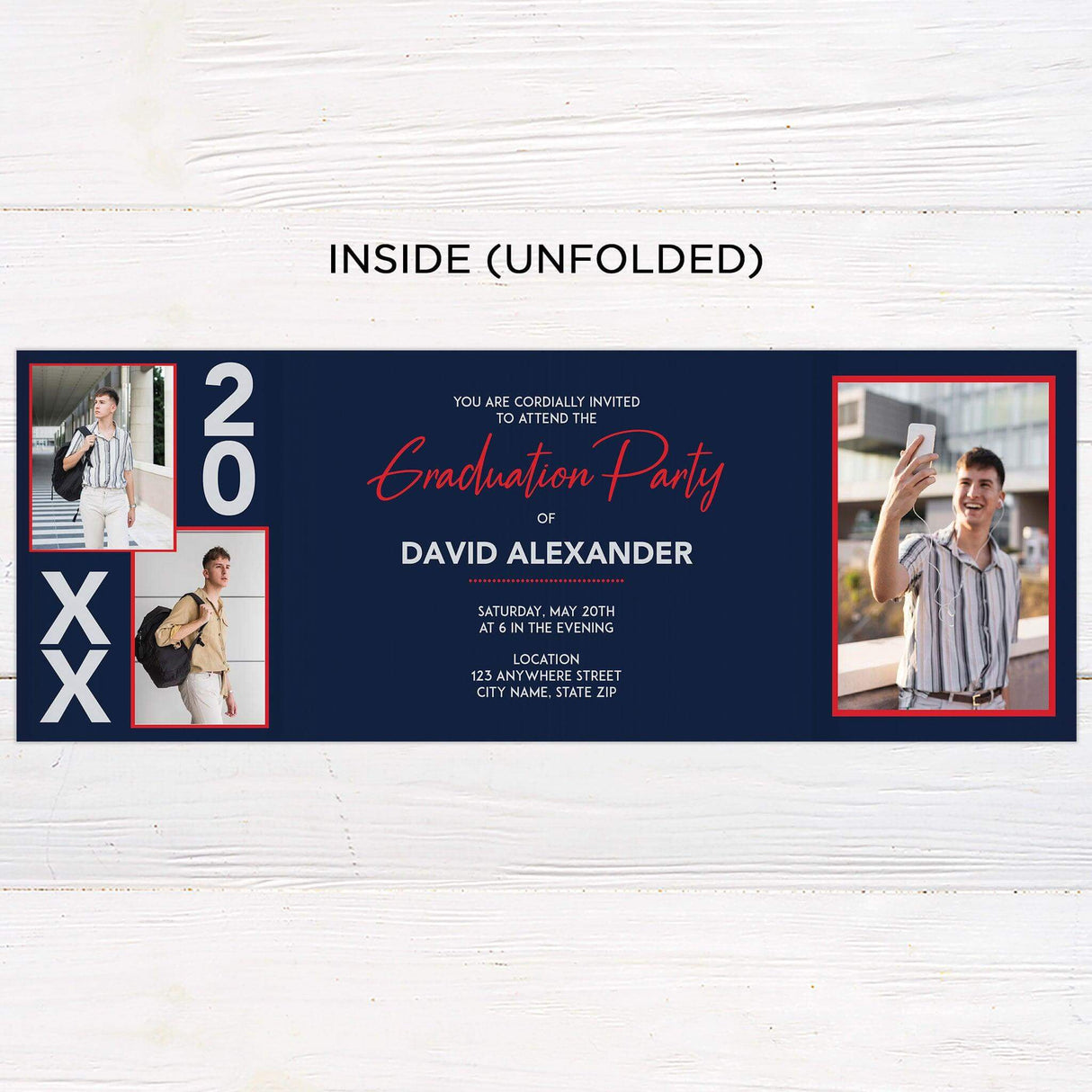 Custom gatefold graduation invitation with six photos, customizable colors, and a modern, stylish design. Personalized folded grad announcement. Inside Unfolded blue red
