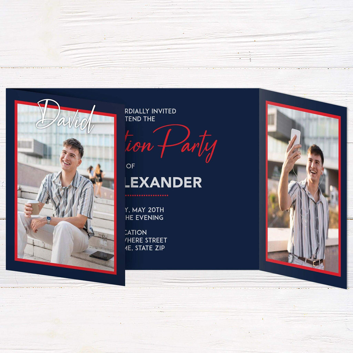 Custom gatefold graduation invitation with six photos, customizable colors, and a modern, stylish design. Personalized folded grad announcement. Blue Red