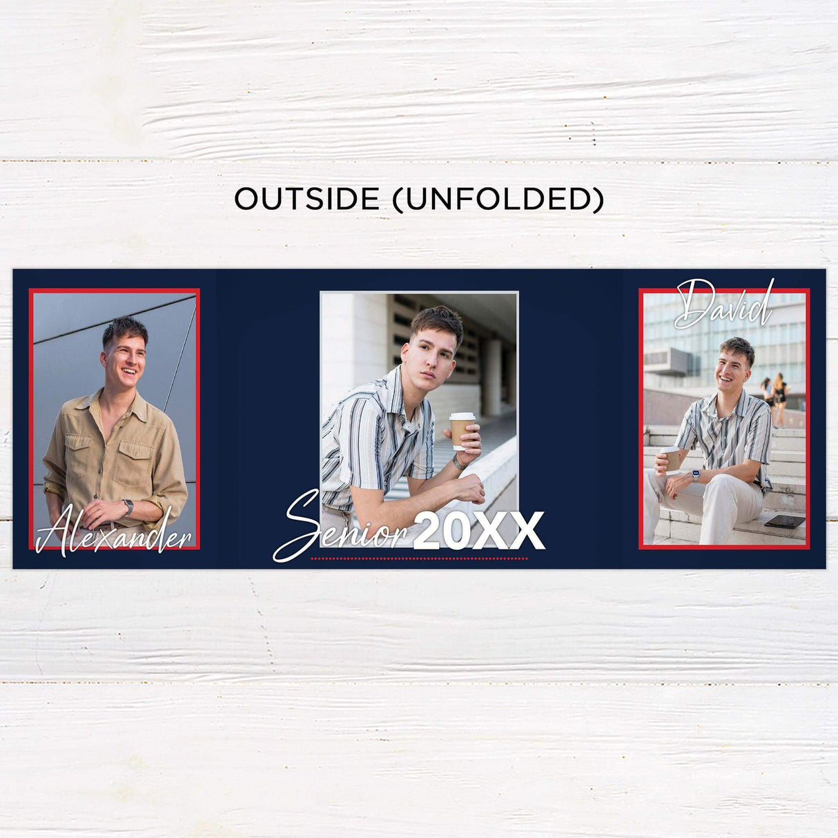Custom gatefold graduation invitation with six photos, customizable colors, and a modern, stylish design. Personalized folded grad announcement. Outside Unfolded blue red