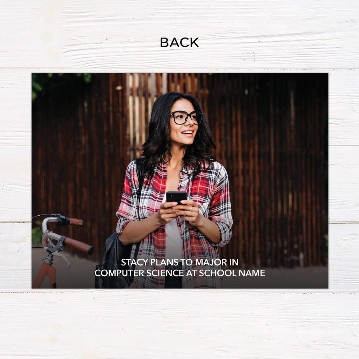 Gatefold graduation invitation with a customizable color scheme, four photos, and a dedicated space for a favorite Bible verse or scripture. Personalized folded grad card. Back.