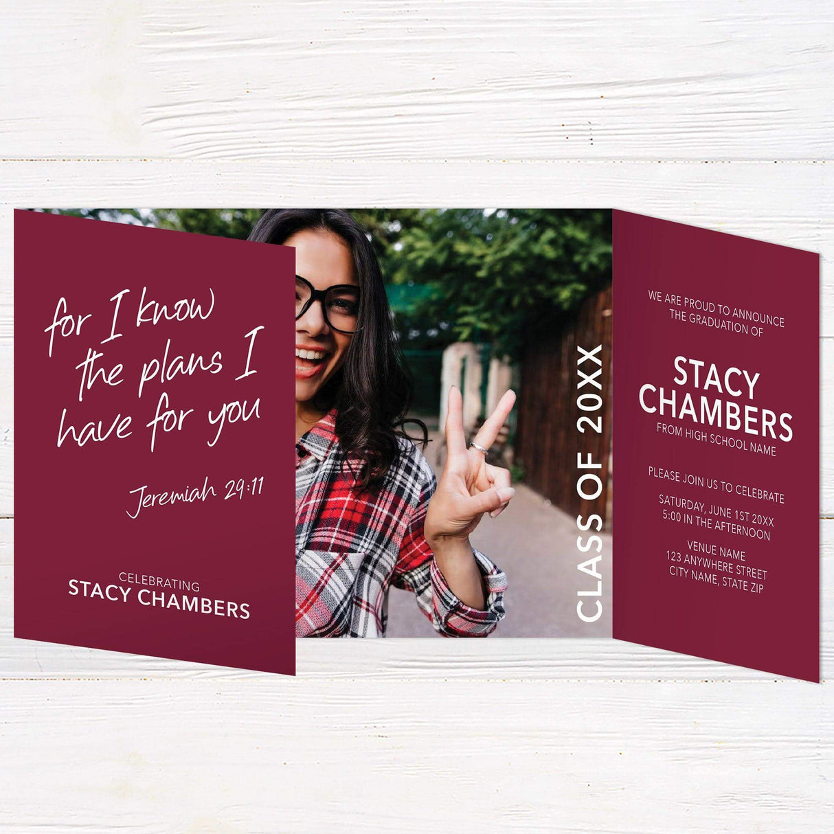 Gatefold graduation invitation with a customizable color scheme, four photos, and a dedicated space for a favorite Bible verse or scripture. Personalized folded grad card.