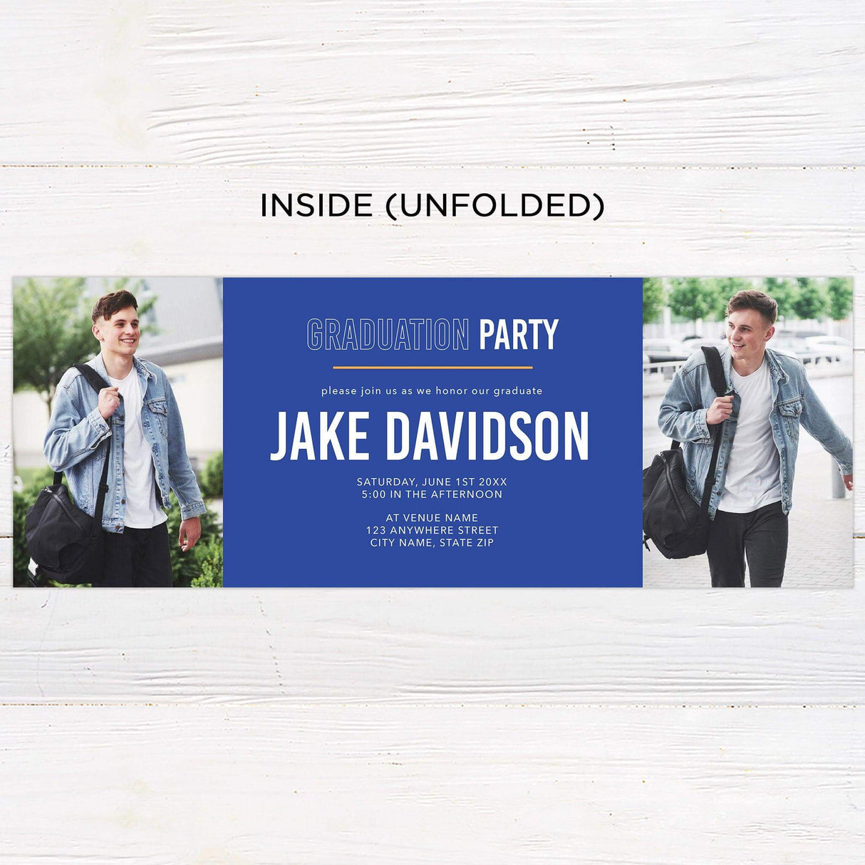 Customizable gatefold graduation invitation featuring a bold graduation year on the front, three photos included, modern design, and editable colors. Inside unfolded.