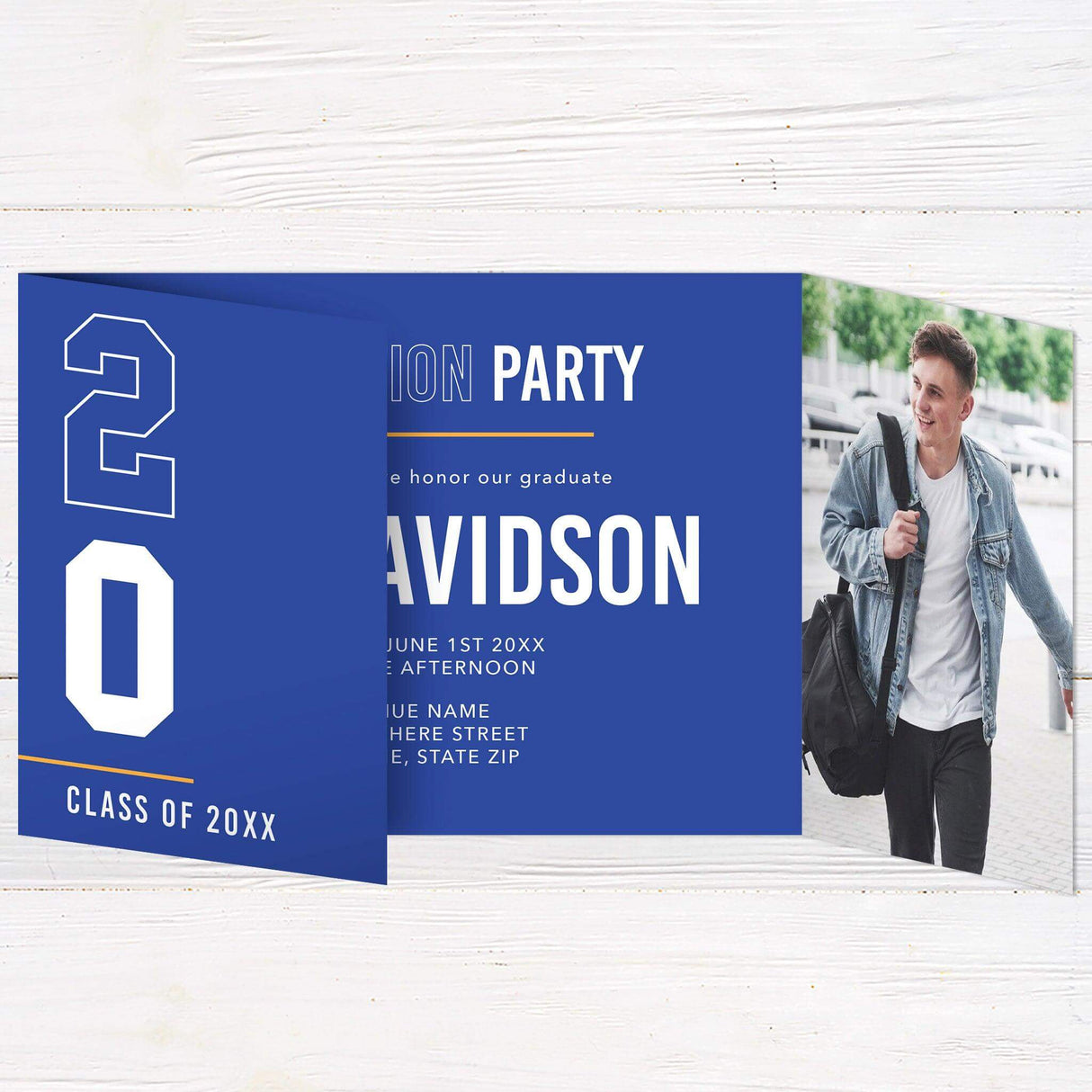 Customizable gatefold graduation invitation featuring a bold graduation year on the front, three photos included, modern design, and editable colors