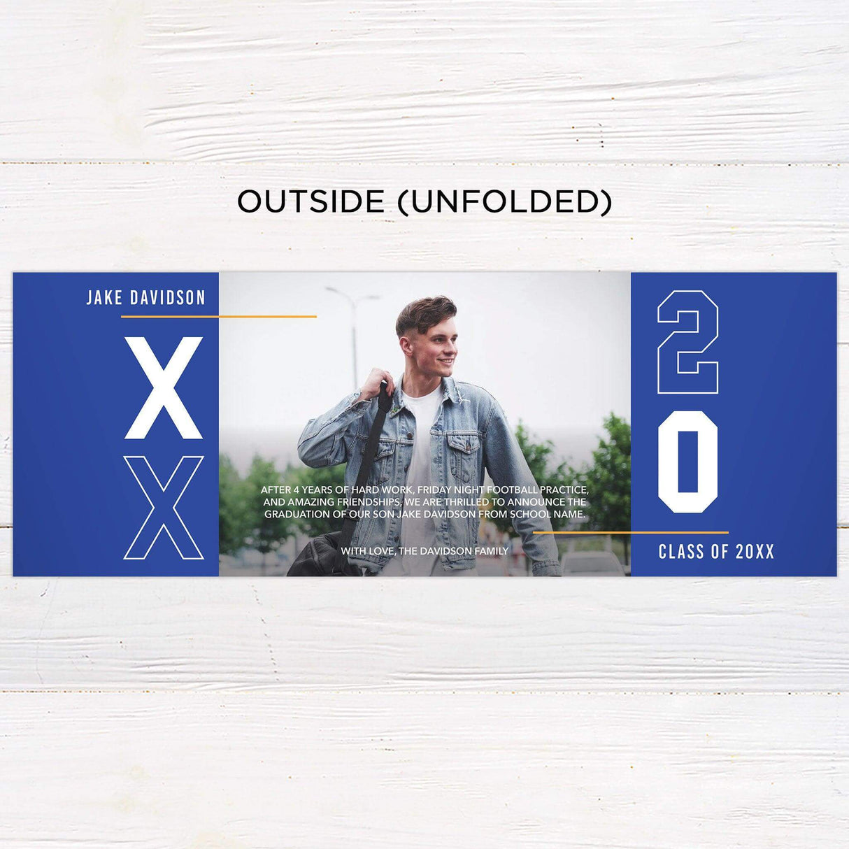 Customizable gatefold graduation invitation featuring a bold graduation year on the front, three photos included, modern design, and editable colors. Outside Unfolded.
