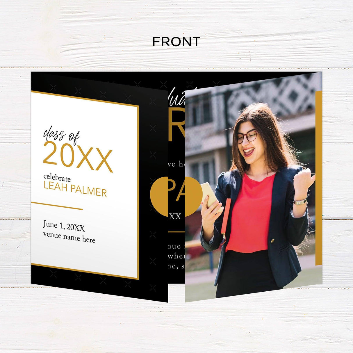 Customizable gatefold graduation invitation with four photos, a special section for a personal message from the graduate, and a bold, modern design. Features editable colors for a fully personalized look. Front.