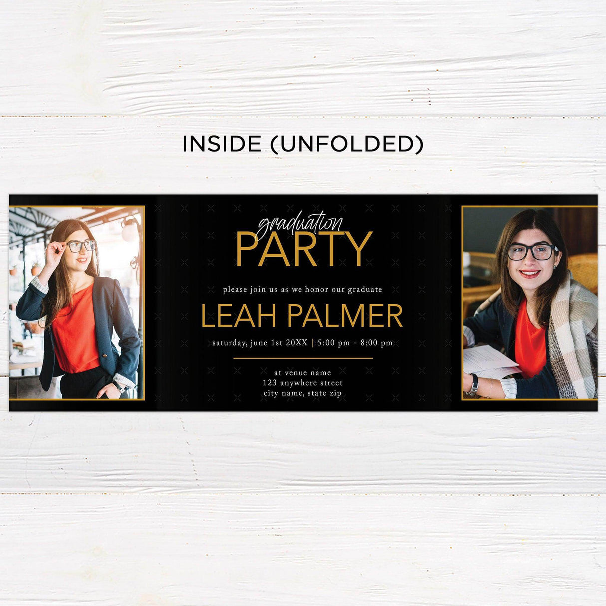 Customizable gatefold graduation invitation with four photos, a special section for a personal message from the graduate, and a bold, modern design. Features editable colors for a fully personalized look. Inside Unfolded.
