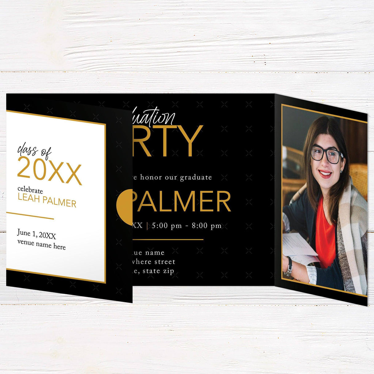 Customizable gatefold graduation invitation with four photos, a special section for a personal message from the graduate, and a bold, modern design. Features editable colors for a fully personalized look.