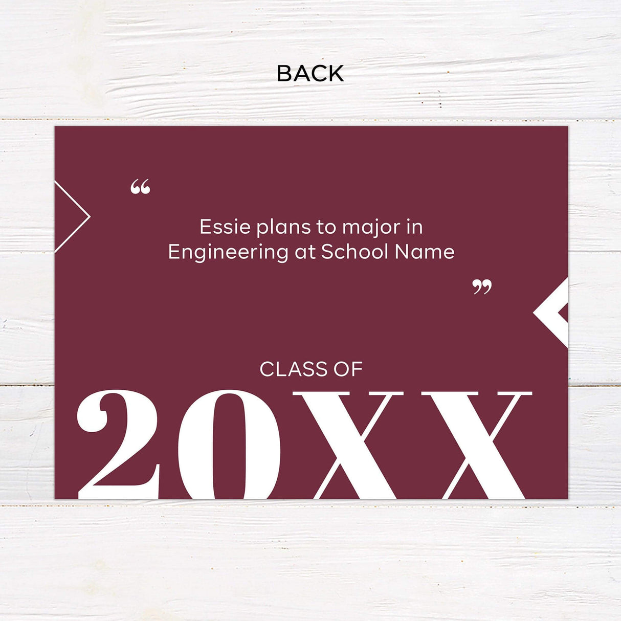 Custom gatefold graduation invitation with five photos and customizable colors. Features a favorite quote for a personal touch. Back.