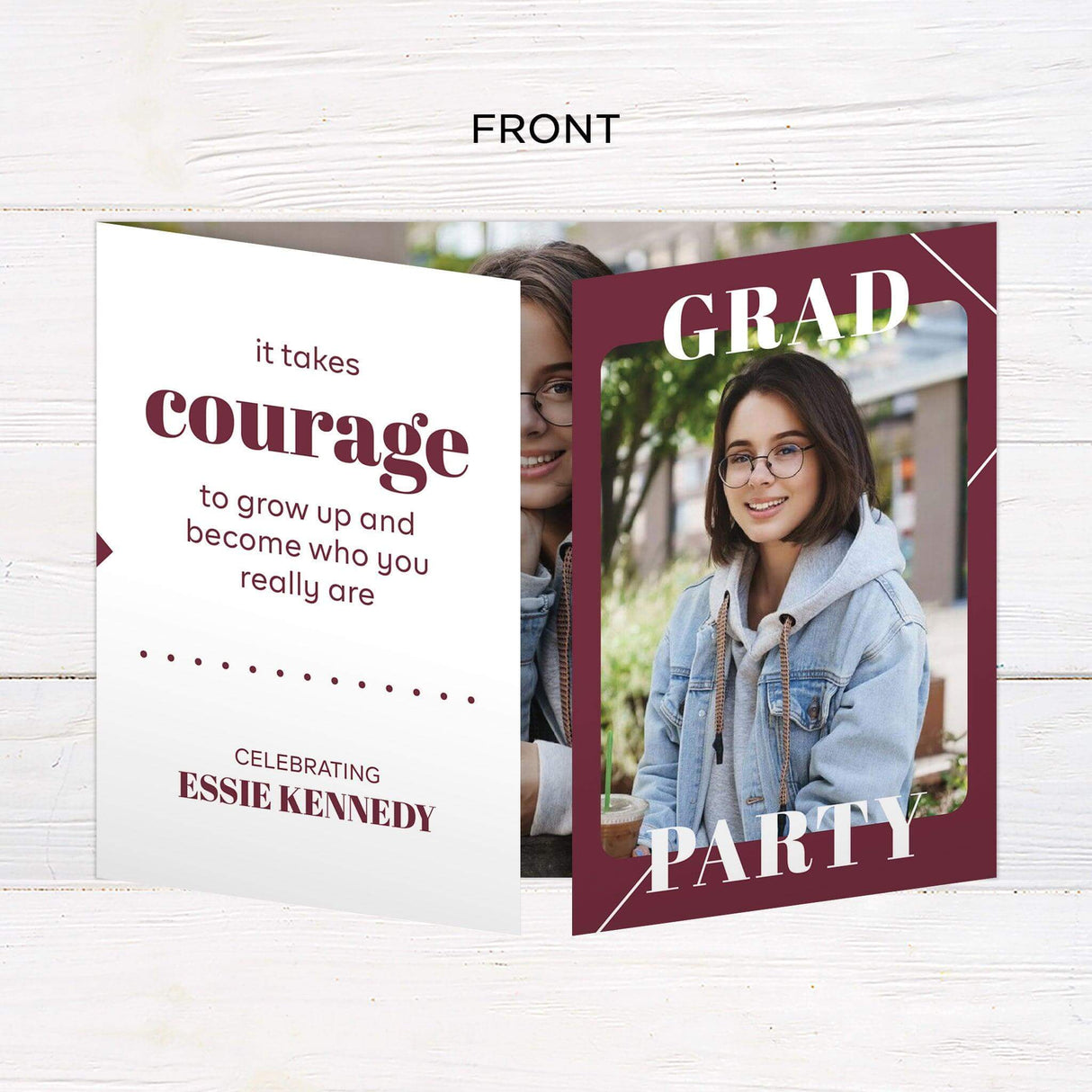 Custom gatefold graduation invitation with five photos and customizable colors. Features a favorite quote for a personal touch. Front.