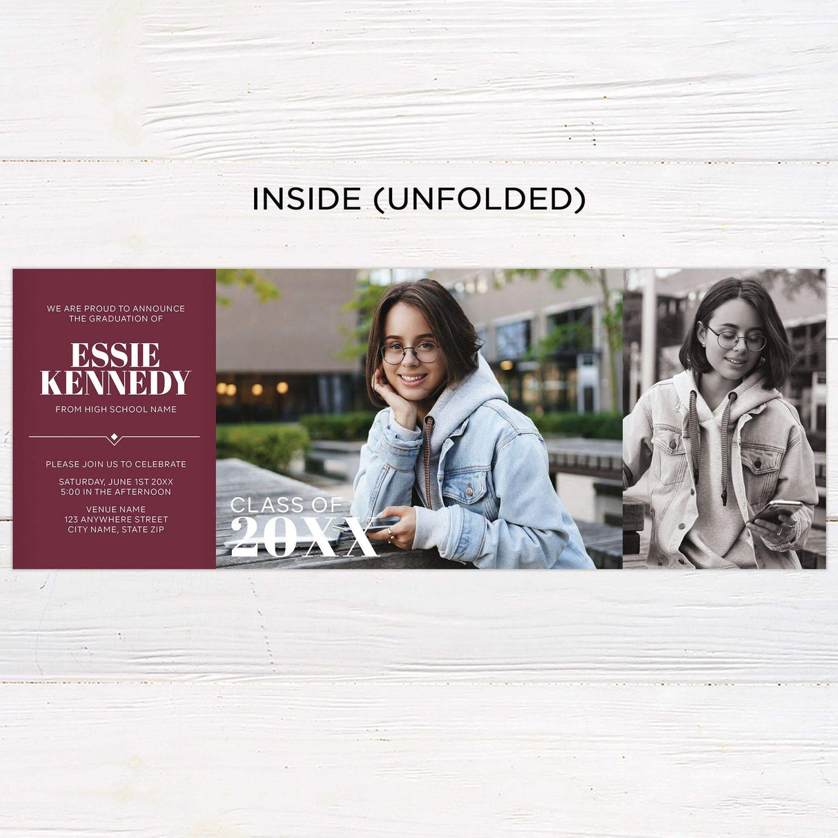 Custom gatefold graduation invitation with five photos and customizable colors. Features a favorite quote for a personal touch. Inside Unfolded.