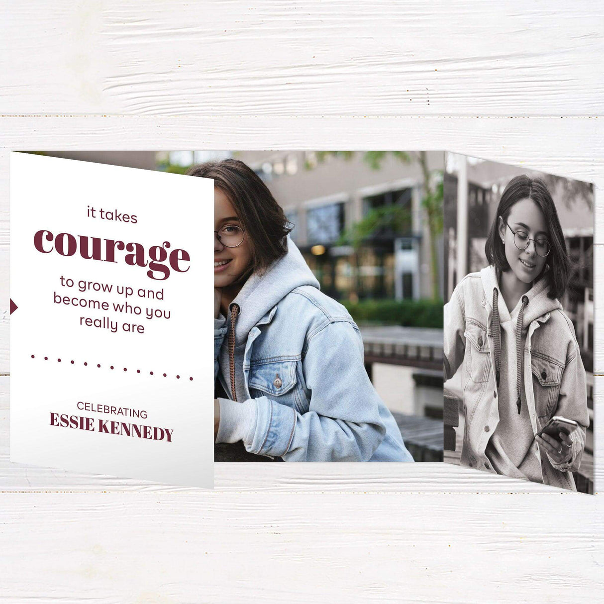 Custom gatefold graduation invitation with five photos and customizable colors. Features a favorite quote for a personal touch.
