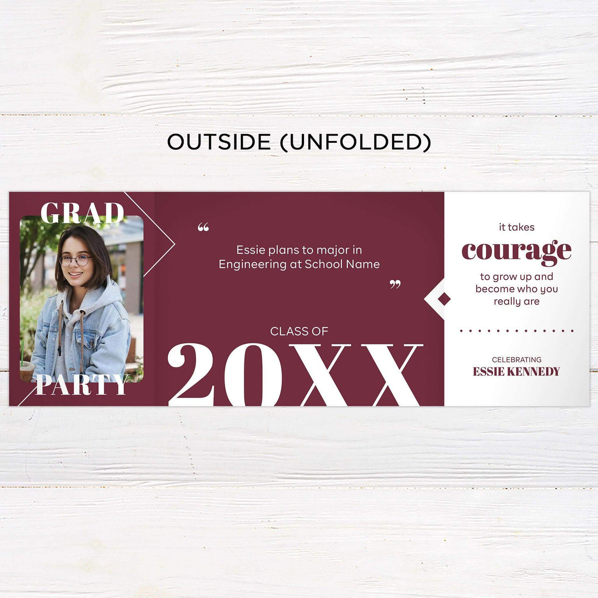 Custom gatefold graduation invitation with five photos and customizable colors. Features a favorite quote for a personal touch. Outside Unfolded.