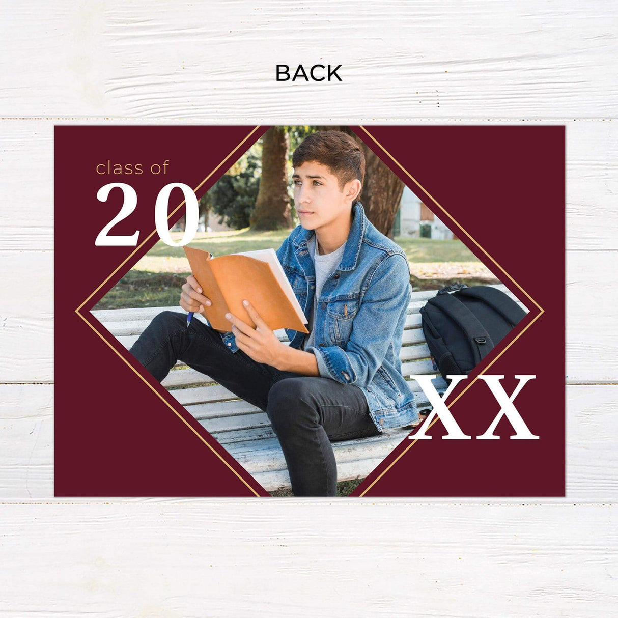 Customizable gatefold graduation invitation with four photos and elegant design. Personalize with name, school, and details. Customicolorse to your school colors. Back.