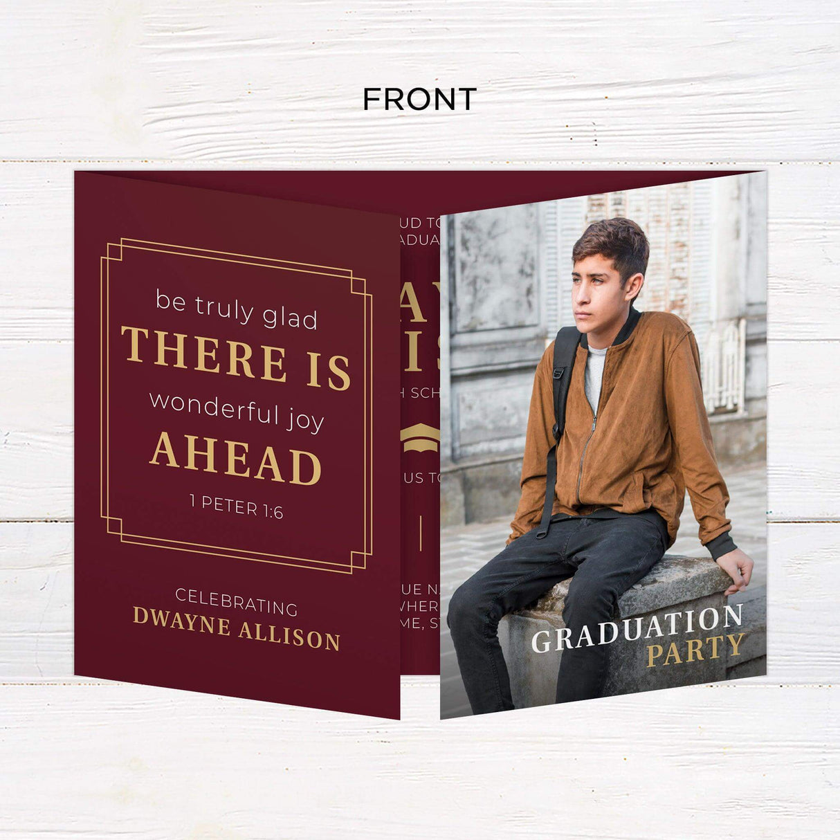 Customizable gatefold graduation invitation with four photos and elegant design. Personalize with name, school, and details. Customicolorse to your school colors. Front.