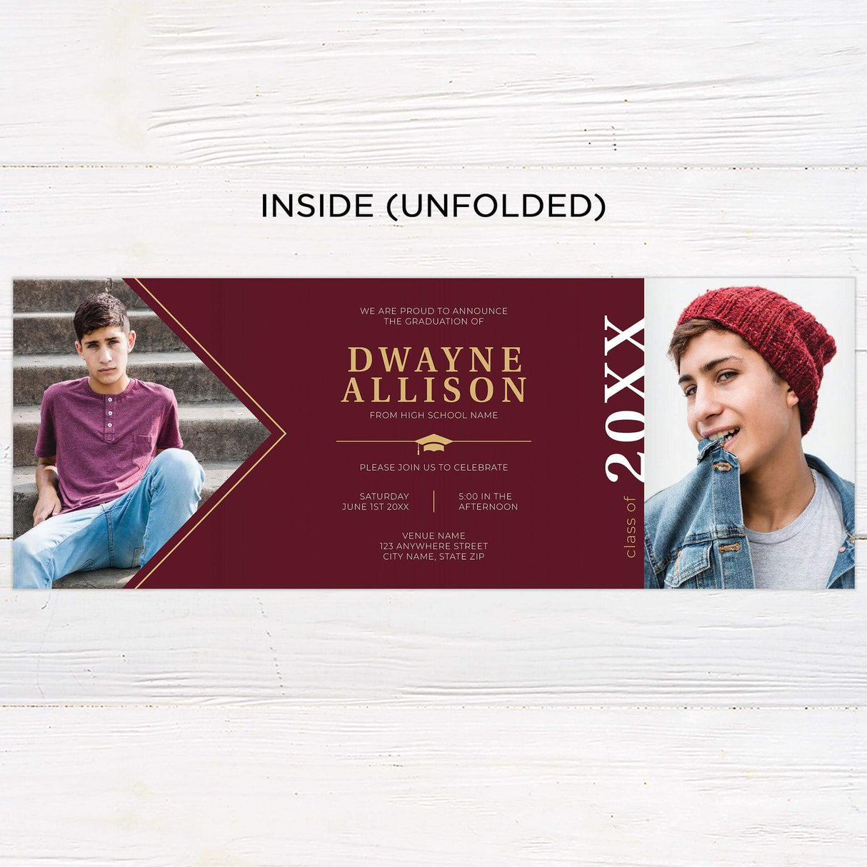 Customizable gatefold graduation invitation with four photos and elegant design. Personalize with name, school, and details. Customicolorse to your school colors. Inside.