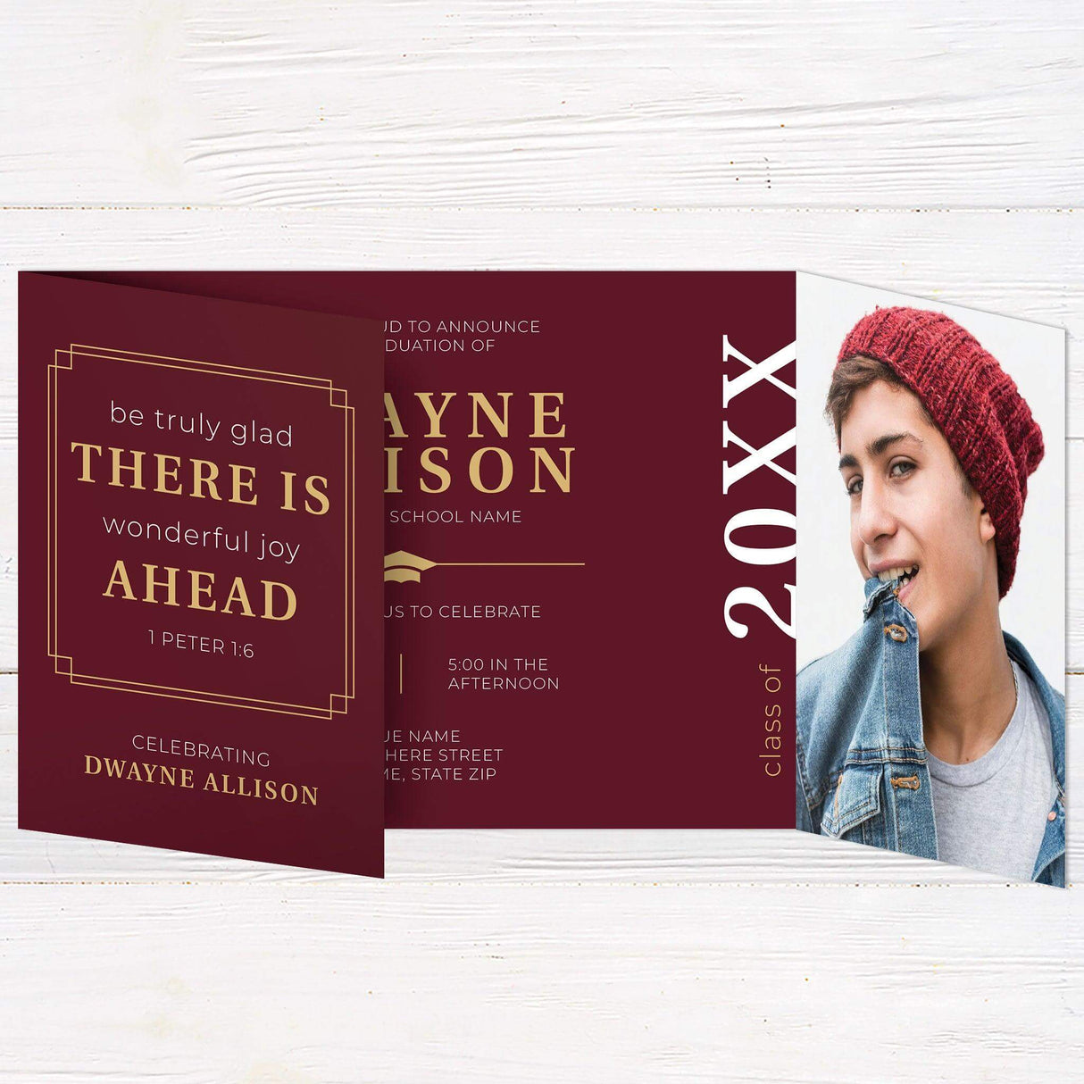 Customizable gatefold graduation invitation with four photos and elegant design. Personalize with name, school, and details. Customize to your school colors.