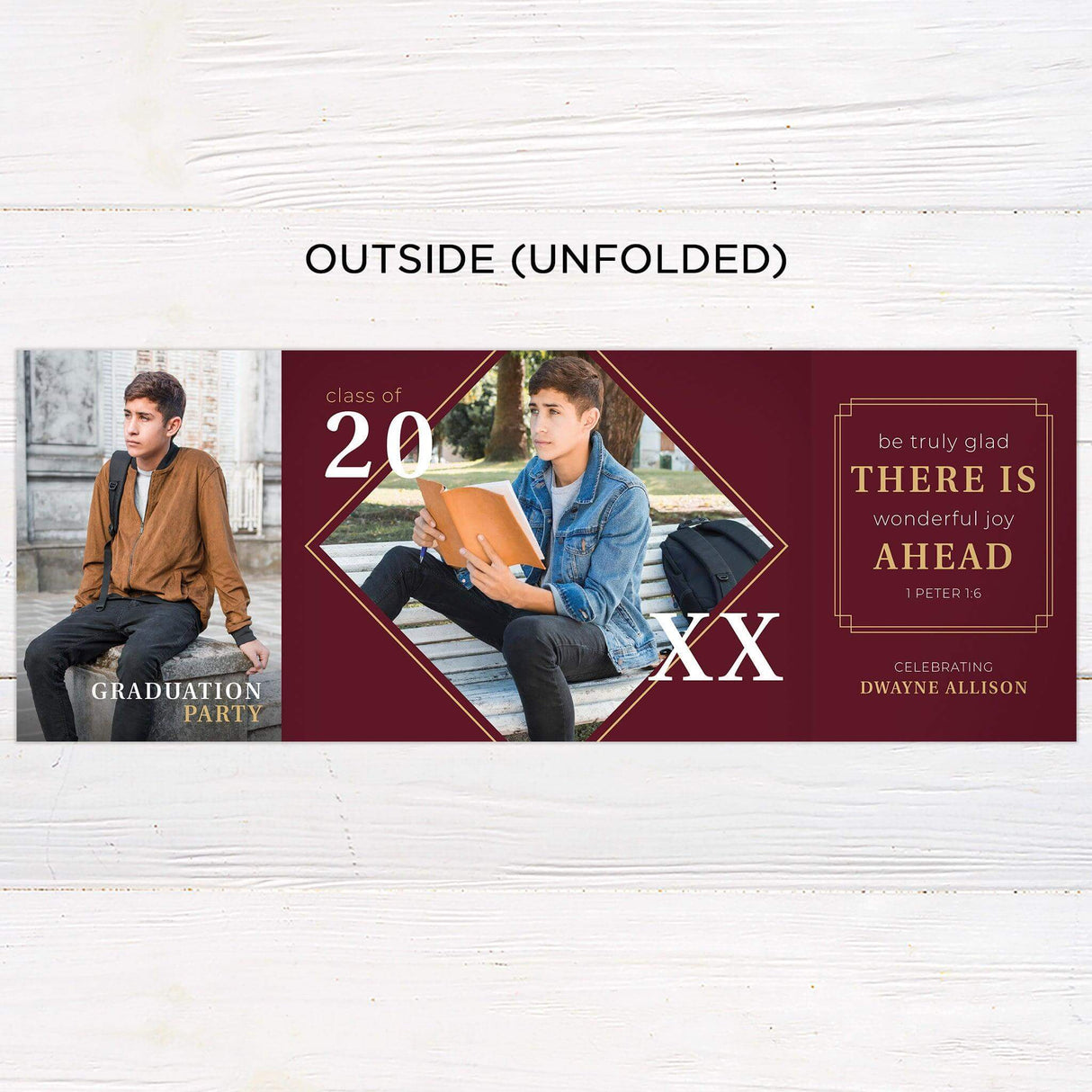Customizable gatefold graduation invitation with four photos and elegant design. Personalize with name, school, and details. Customicolorse to your school colors. Back Unfolded.
