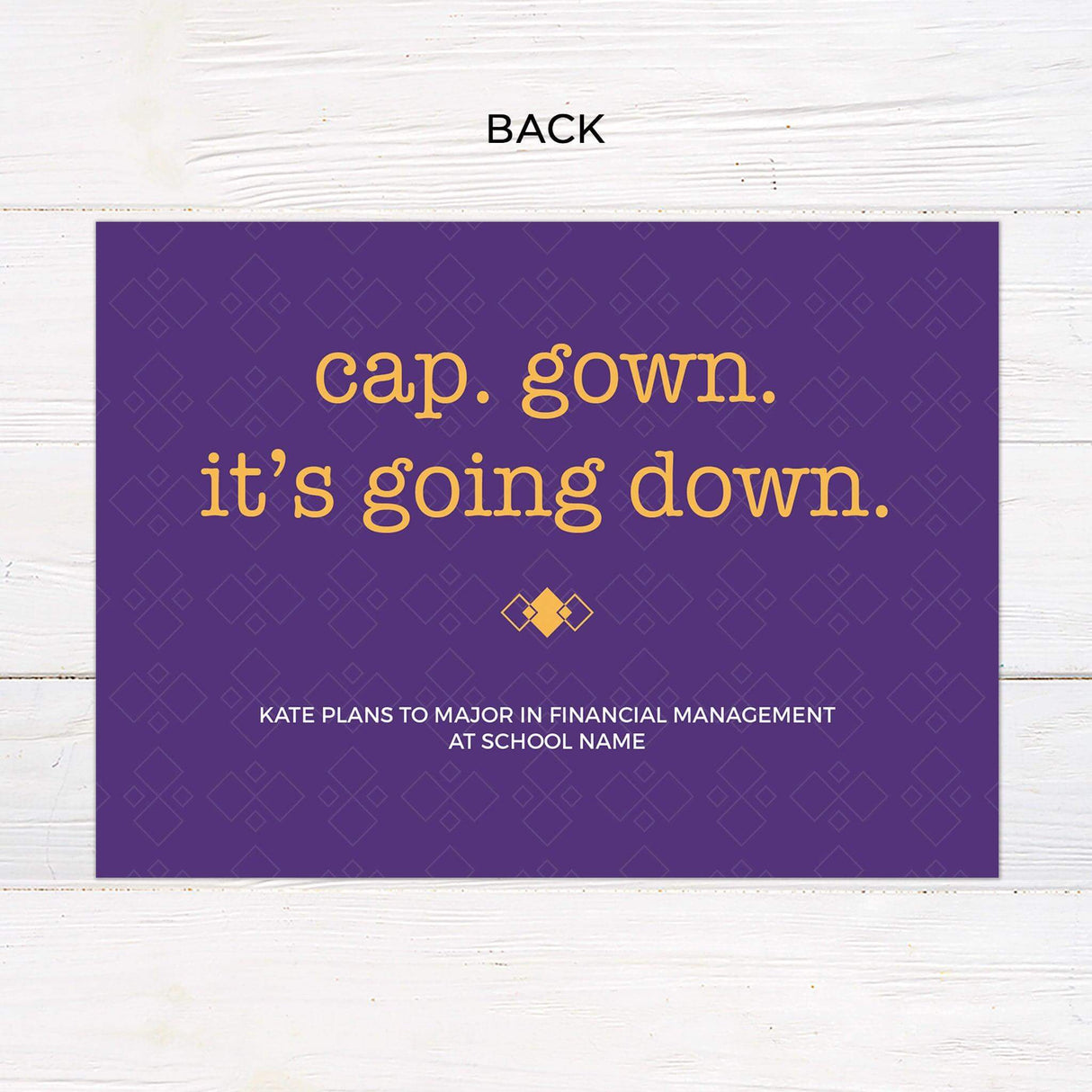 Customizable gatefold graduation invitation featuring the phrase "Cap and Gown is Going Down." Modern, bold year design with a unique fold-out format. High-quality printed graduation card with four photos. Back.