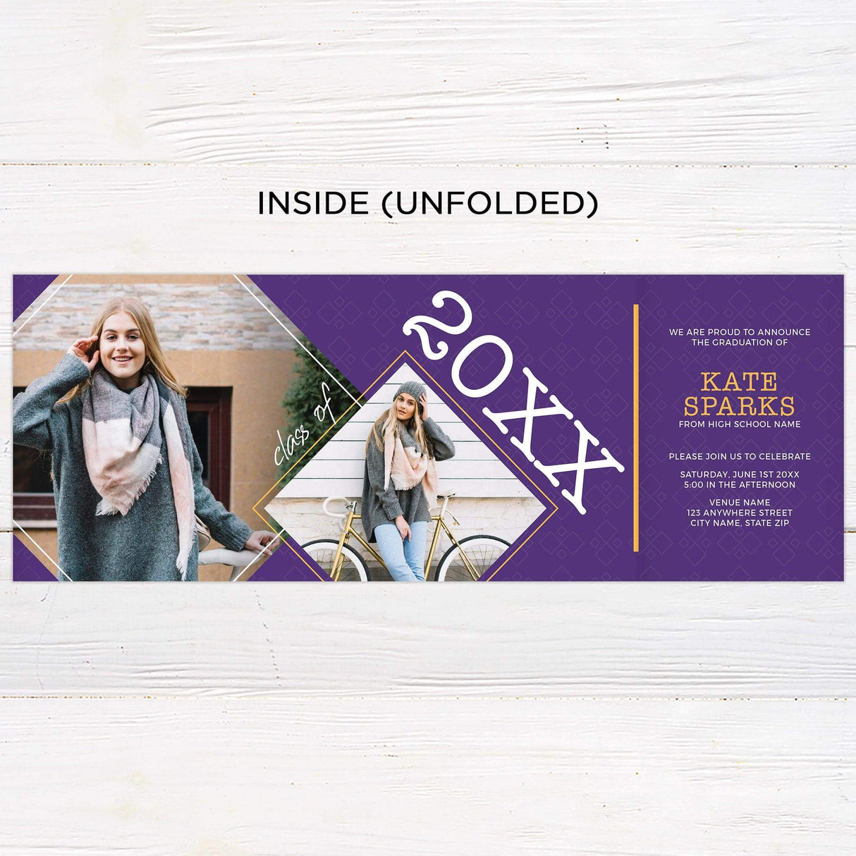 Customizable gatefold graduation invitation featuring the phrase "Cap and Gown is Going Down." Modern, bold year design with a unique fold-out format. High-quality printed graduation card with four photos. Inside Unfolded.